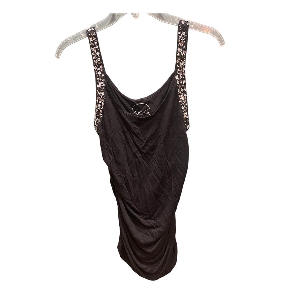 INC  Black Embellished Rhinestones Sleeveless Blouse Top Medium Ruched Glam Date